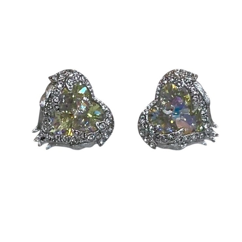 Heart Shaped Crystal Stud Earrings Silver Halo Sparkly Romantic Jewelry Feminine
